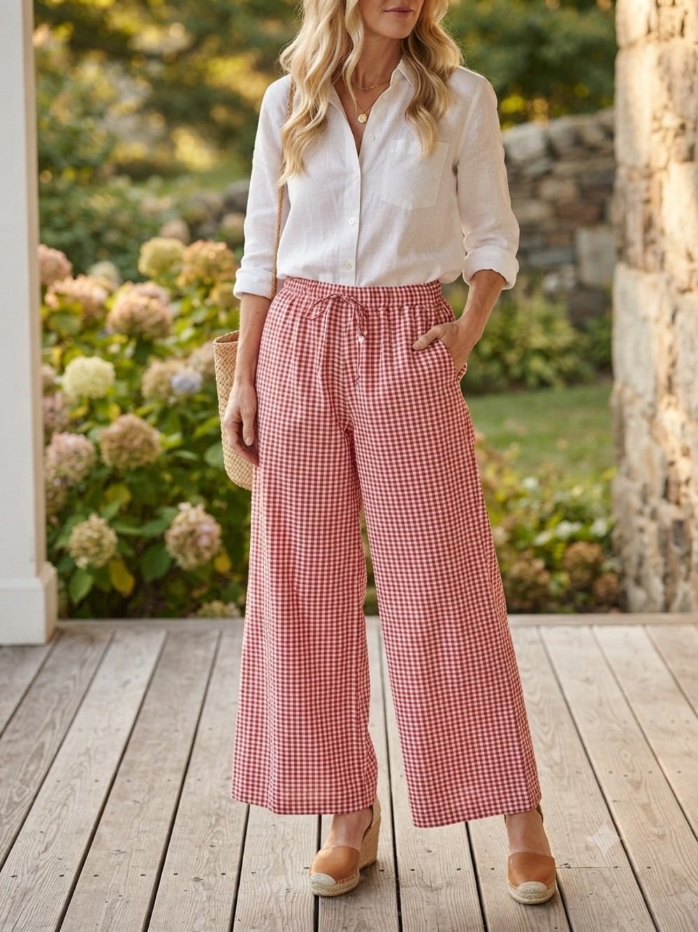 Better Together Red & White Gingham Wide Leg Pants Size Small Elastic Waist